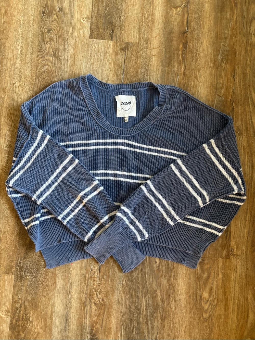 aerie Navy Blue & White Striped Crewneck Sweater